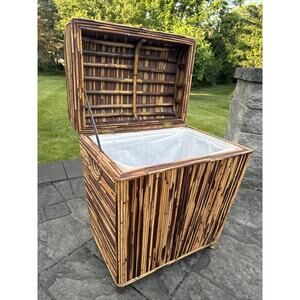 VTG MCM Rattan Bamboo Wicker Large Storage Hamper Laundry Basket H23xW21xD14”